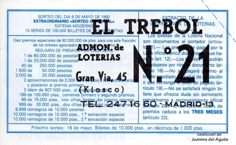 Reverso décimo de Lotería 1992 / 37