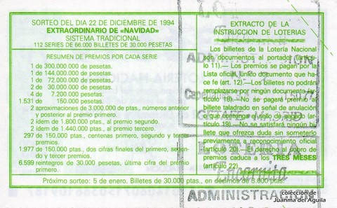 Reverso décimo de Lotería 1994 / 101