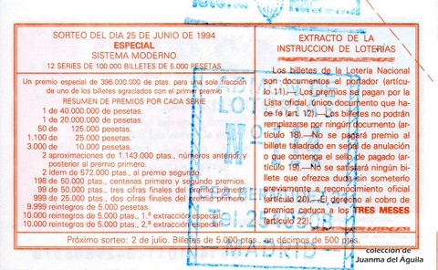 Reverso décimo de Lotería 1994 / 51