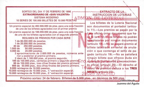 Reverso décimo de Lotería 1996 / 14