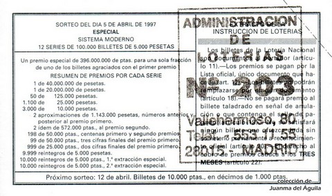 Reverso décimo de Lotería 1997 / 28