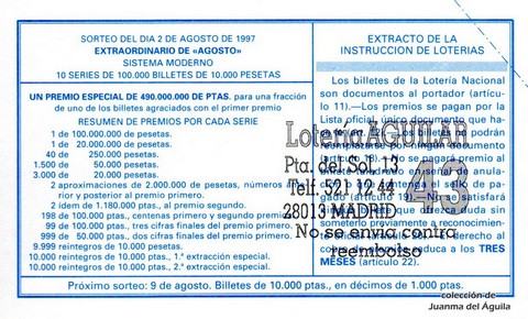 Reverso décimo de Lotería 1997 / 62