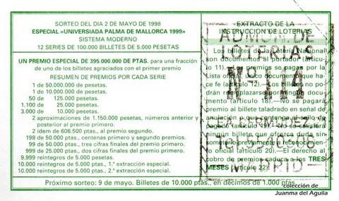 Reverso décimo de Lotería 1998 / 36