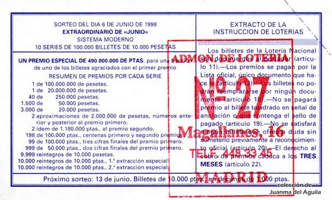 Reverso décimo de Lotería 1998 / 46