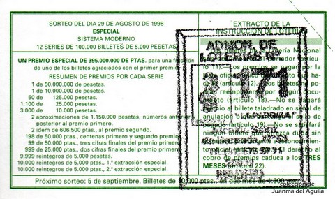 Reverso décimo de Lotería 1998 / 70