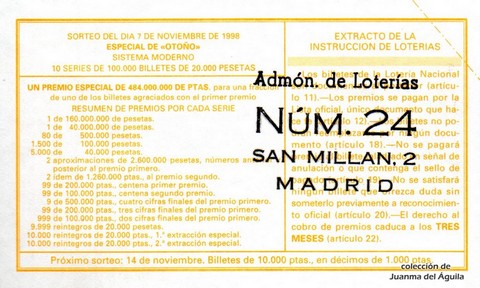 Reverso décimo de Lotería 1998 / 90