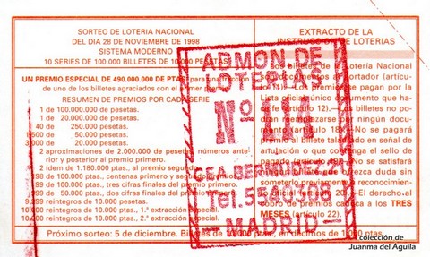 Reverso décimo de Lotería 1998 / 96