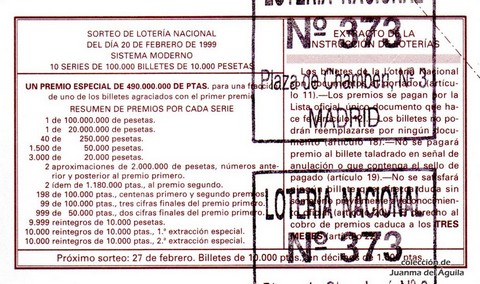 Reverso décimo de Lotería 1999 / 15