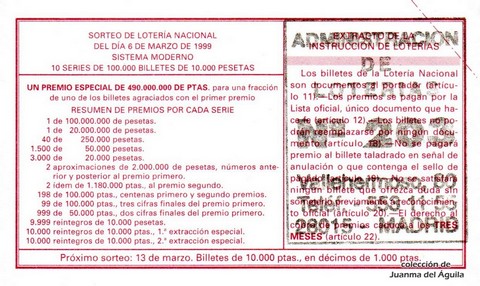 Reverso décimo de Lotería 1999 / 19