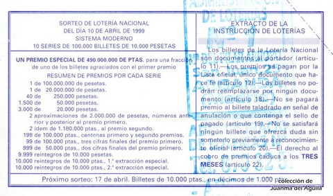 Reverso décimo de Lotería 1999 / 29