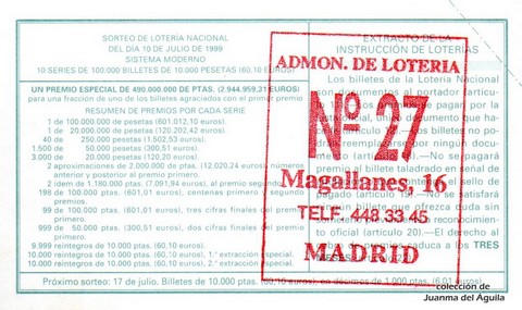 Reverso décimo de Lotería 1999 / 55