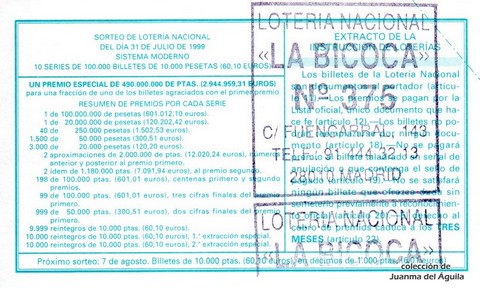 Reverso décimo de Lotería 1999 / 61