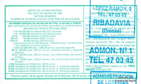 Reverso décimo de Lotería 1999 / 67