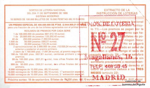 Reverso décimo de Lotería 1999 / 73