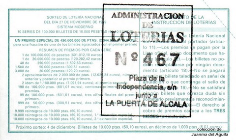 Reverso décimo de Lotería 1999 / 95