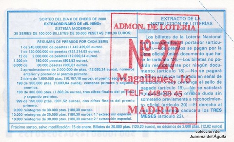 Reverso décimo de Lotería 2000 / 1