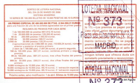 Reverso décimo de Lotería 2000 / 23