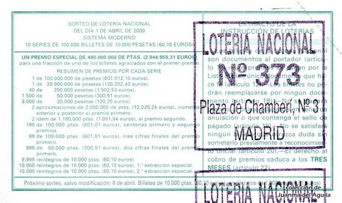 Reverso décimo de Lotería 2000 / 25