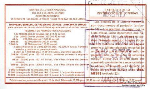 Reverso décimo de Lotería 2000 / 27