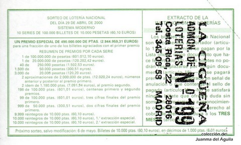 Reverso décimo de Lotería 2000 / 33