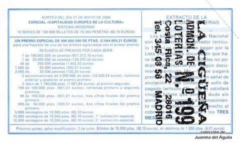 Reverso décimo de Lotería 2000 / 41