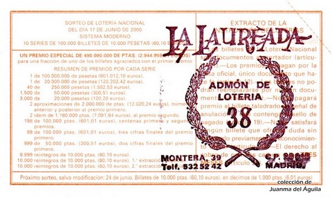 Reverso décimo de Lotería 2000 / 47