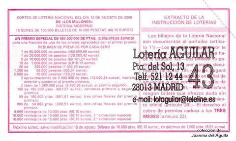 Reverso décimo de Lotería 2000 / 63