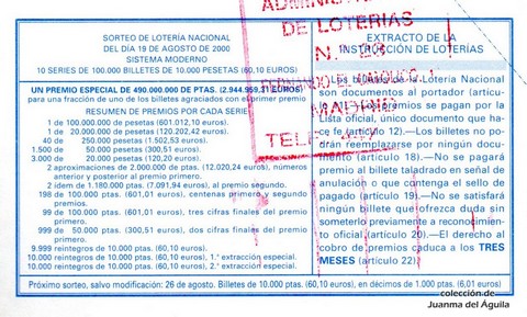 Reverso décimo de Lotería 2000 / 65