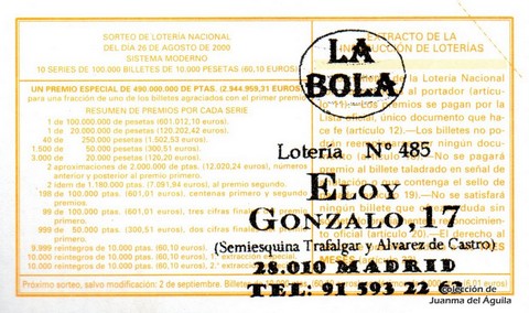 Reverso décimo de Lotería 2000 / 67