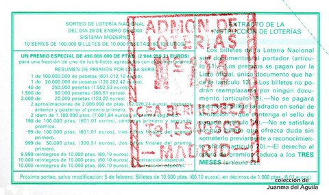 Reverso décimo de Lotería 2000 / 7