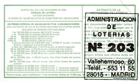 Reverso décimo de Lotería 2000 / 87