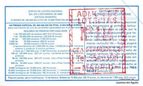 Reverso décimo de Lotería 2000 / 9