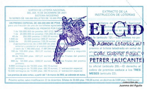 Reverso décimo de Lotería 2001 / 100