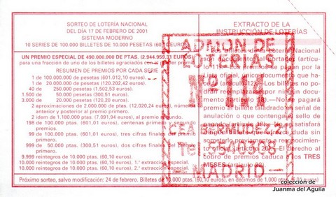 Reverso décimo de Lotería 2001 / 14