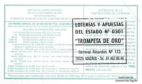 Reverso décimo de Lotería 2001 / 16