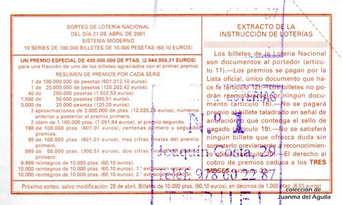 Reverso décimo de Lotería 2001 / 32