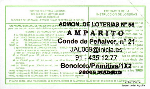 Reverso décimo de Lotería 2001 / 40