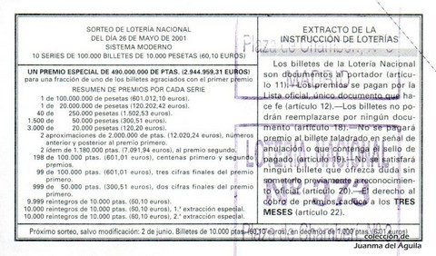 Reverso décimo de Lotería 2001 / 42