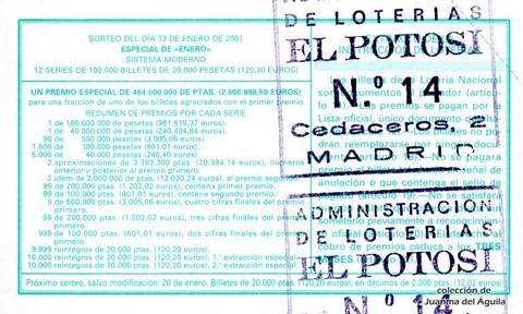 Reverso décimo de Lotería 2001 / 4