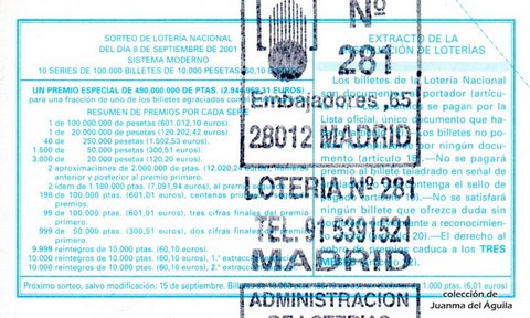 Reverso décimo de Lotería 2001 / 72