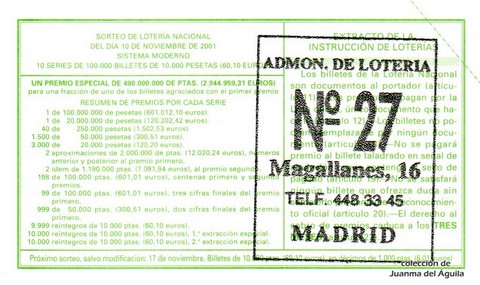 Reverso décimo de Lotería 2001 / 90