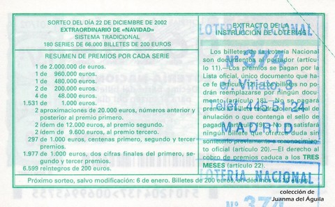 Reverso décimo de Lotería 2002 / 101