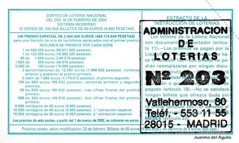 Reverso décimo de Lotería 2002 / 13