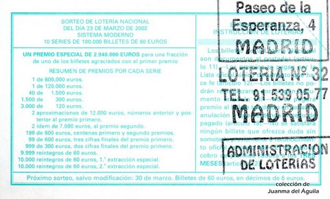 Reverso décimo de Lotería 2002 / 23