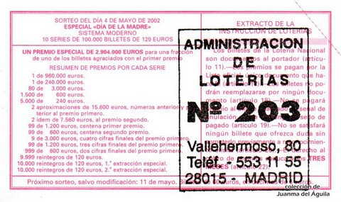 Reverso décimo de Lotería 2002 / 35