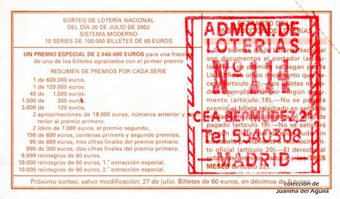 Reverso décimo de Lotería 2002 / 57