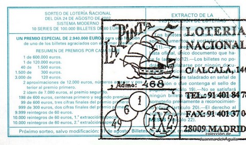 Reverso décimo de Lotería 2002 / 67