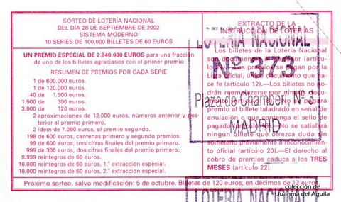 Reverso décimo de Lotería 2002 / 77