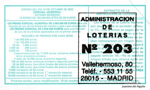 Reverso décimo de Lotería 2002 / 81