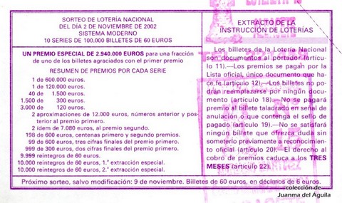 Reverso décimo de Lotería 2002 / 87